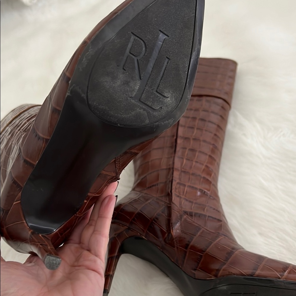 Lauren Ralph Lauren Elegant Brown Crocodile-Embossed Knee-High Boots - Picture 7 of 11